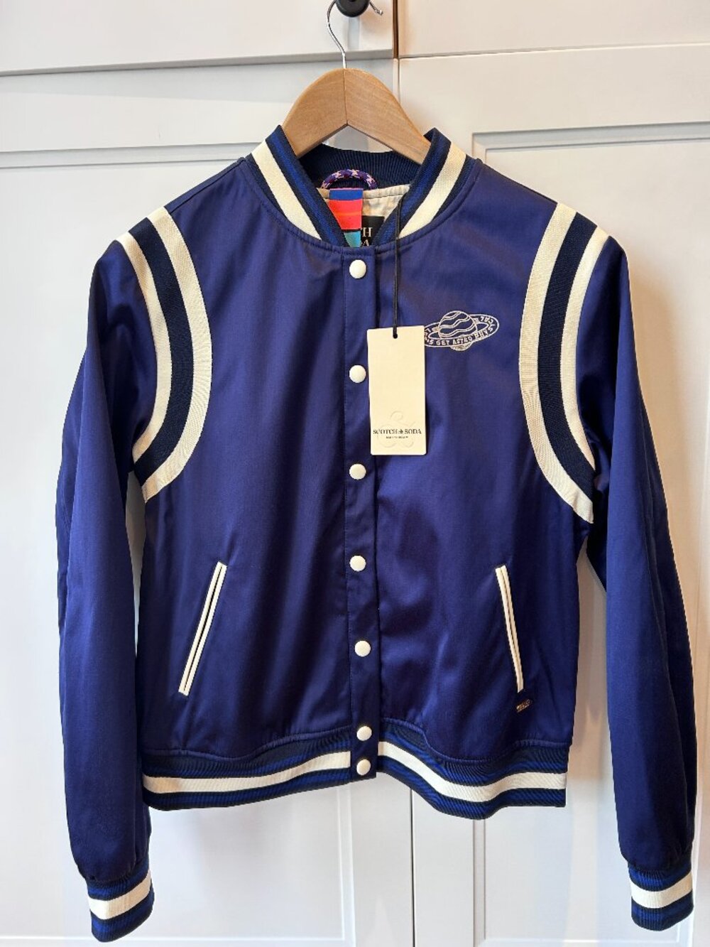 Scotch & Soda, Astro, Galactic Varsity Bomber Jacket, size Medium, blue white